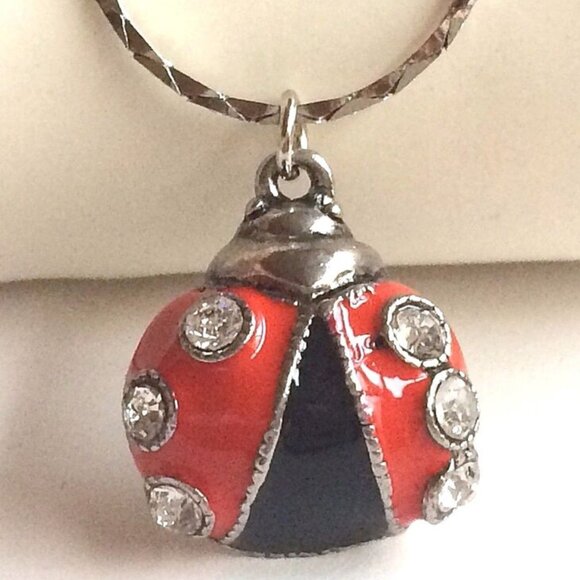 Ladybug Necklace Charm Pendant Red Enamel Crystal Silver Plated Insect 20" Chain - Picture 4 of 12